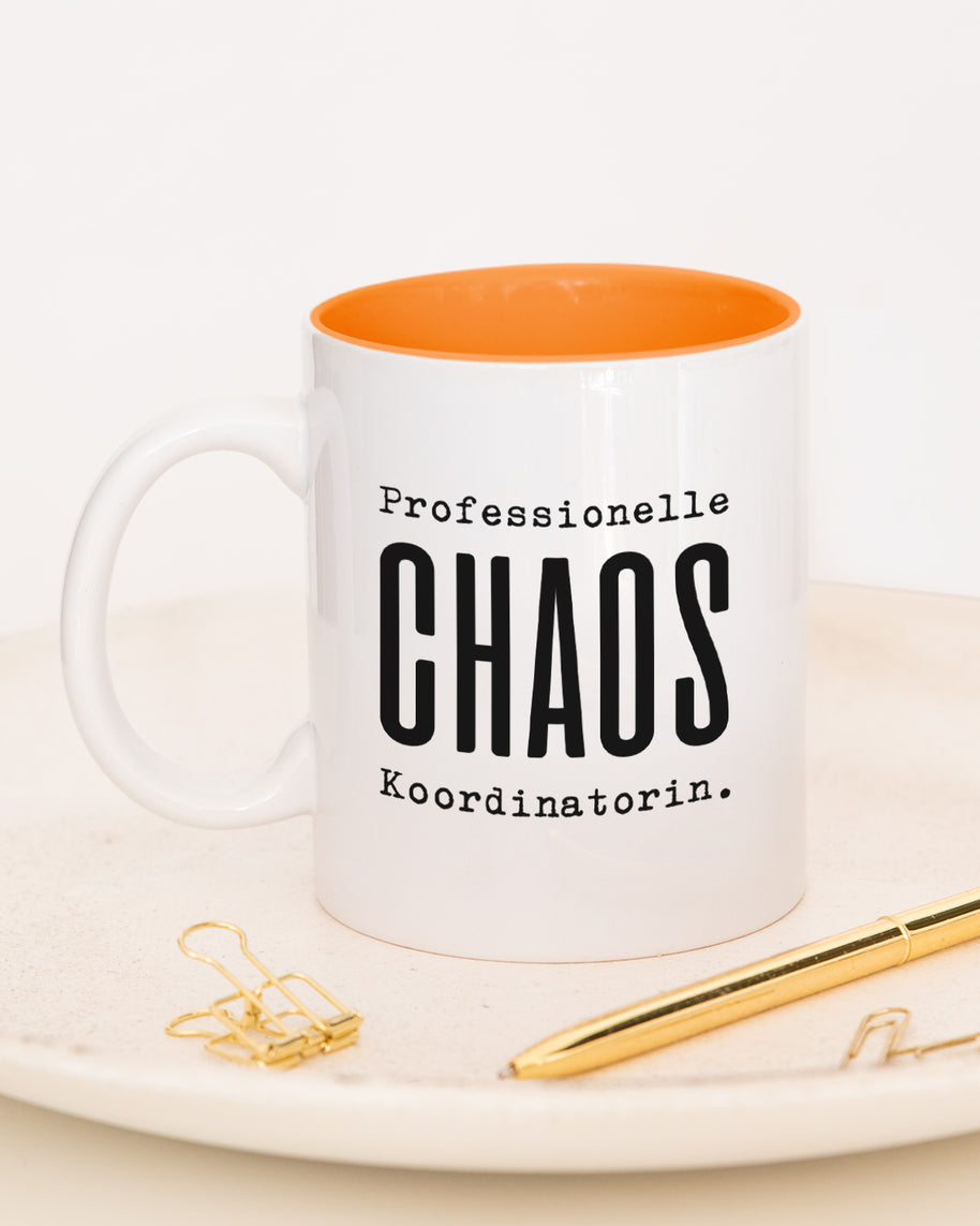 Tasse mit Spruch, Professionelle Chaos Koordinatorin, Tasse mit lustigem Spruch, witzig, für Kollegin, Mitarbeiterin, Chefin, Orange