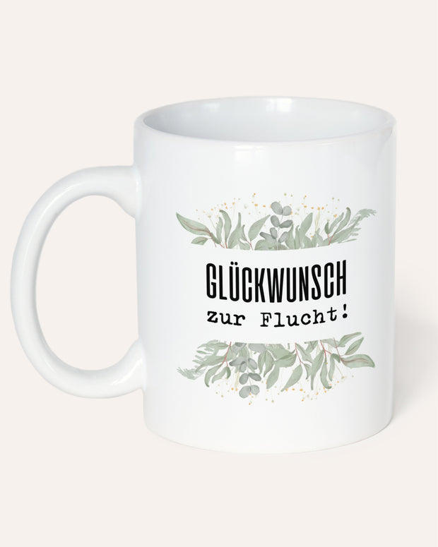 Tasse mit Spruch, Tasse mit Aufdruck, Kollegin Kollege, Mitarbeiterin Mitarbeiter, Chefin Chef, Geschenk für Kollegin oder Kollege, Glückwunsch zur Flucht ,  weiss