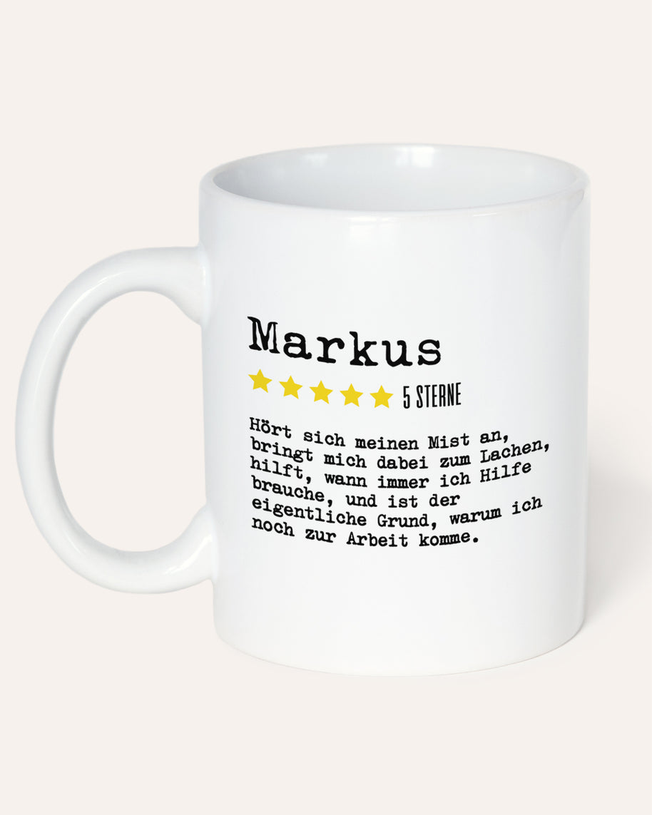 Tasse mit Spruch, Bewertung, Personalisierte Tasse, Name und Sterne, Weiß