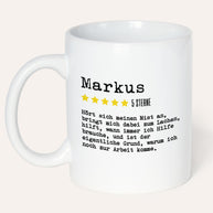 Tasse mit Spruch, Bewertung, Personalisierte Tasse, Name und Sterne, Weiß