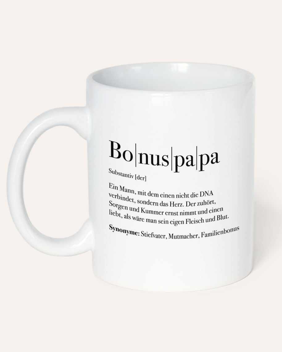 Tasse mit Spruch, Tasse mit Aufdruck, Geschenk für die Liebsten, Bonuspapa Definition, personalisierbar, weiss