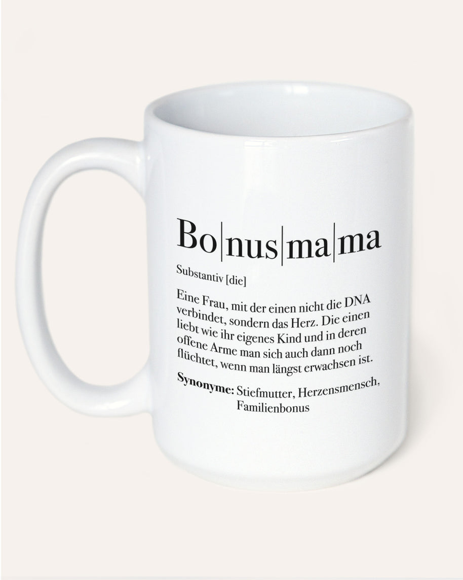 Tasse mit Spruch, Tasse mit Aufdruck, Geschenk für die Liebsten, Bonusmama Definition , personalisierbar, weiss jumbo