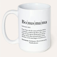 Tasse mit Spruch, Tasse mit Aufdruck, Geschenk für die Liebsten, Bonusmama Definition , personalisierbar, weiss jumbo