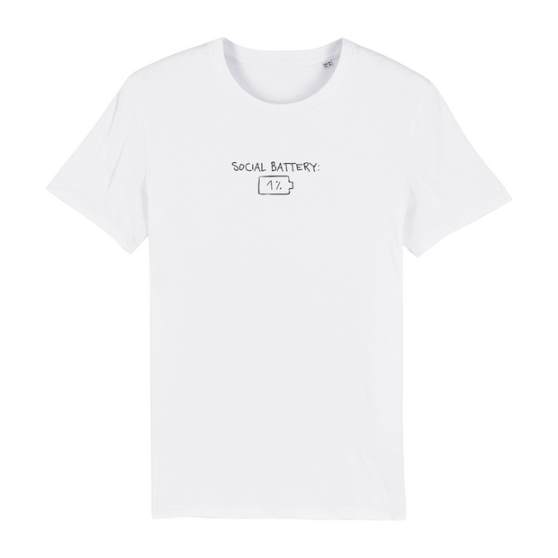 Weißes T-Shirt Unisex Aufdruck Vorderseite Social Battery 1%