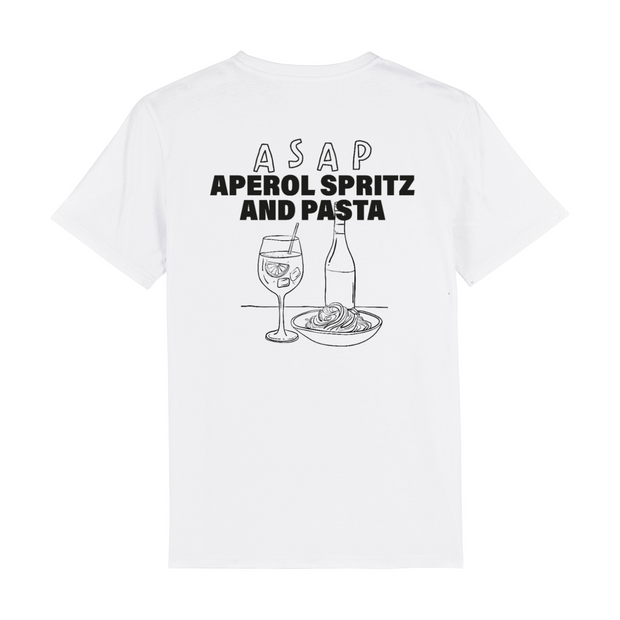 Weißes T-Shirt Unisex Aufdruck Rückseite Aperol Pasta ASAP