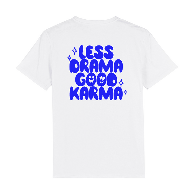 Weißes T-Shirt Unisex Aufdruck Rückseite Less Drama Good Karma Blau 