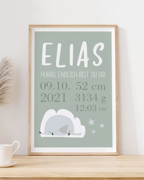 personalisiertes Poster zur Geburt - Motiv Elefant